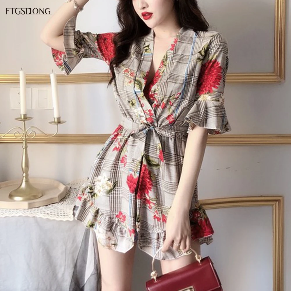 FTGSDLONG Summer Bohemian Rompers Women Casual Floral Printed Jumpsuit Ladies Ruffles Sexy V Neck Beach Playsuit Plaid Jumpsuits FTGSDLONG Summer Bohemian Rompers Women Casual Floral Printed Jumpsuit Ladies Ruffles Sexy V Neck Beach Playsuit Plaid Jumpsuits