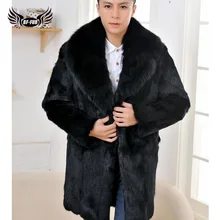 Натуральное меховое пальто натуральное цельное кроличье меховое пальто теплое зимнее длинное Мужское пальто из кроличьего меха черное кожаное пальто-Тренч