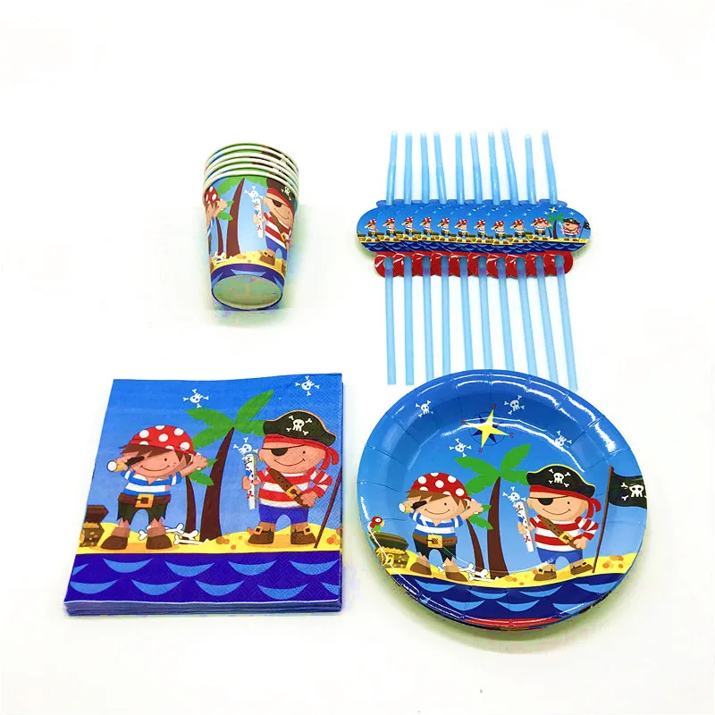 

New Little Pirate Theme 46Pcs/Lot Cups Plates Napkins Wedding Kid Birthday Party Family Party Plastic Straws Decoration Supply