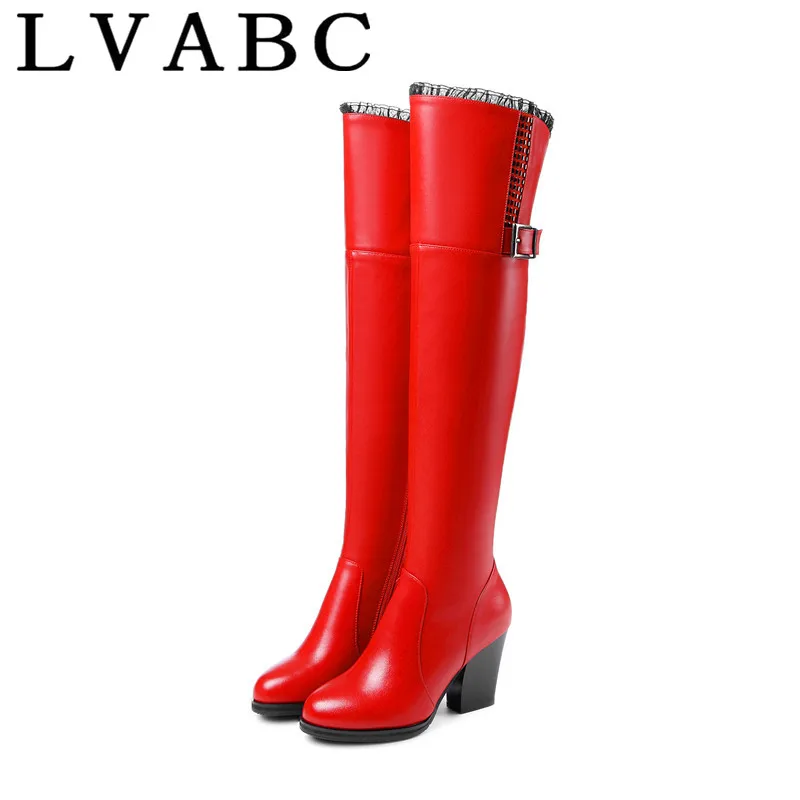 Marque 37 Femmes Chaussures Warmful Véritable Lvabc Black red Genou Naturelle Bottes En Haute Qualité Cuir Nouvelle D'hiver 2018 Laine tqwEwa