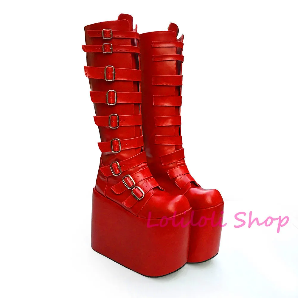 Princess sweet lolita shoes Lolilloliyoyo antaina Japanese design custom red high-top boots thick flat bottom 15cm heel 6602x | Обувь
