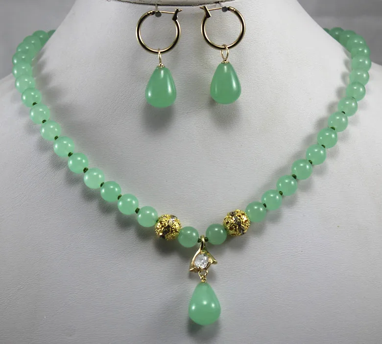 

HOT SELL - 2 styles! Wholesale 8mm light green jade necklace+l hook jade white/blue crystal earring&pendant necklace jewel -Top