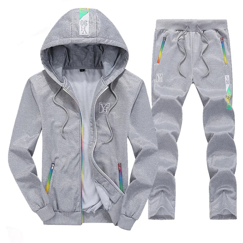 Casual Sweat Suits Men Clothes Winter Tracksuit Mens Set Two Piece Inner Fleece Thick Hooded Jacket+ Pants Man Track Suit - Цвет: EM082 LightGrey