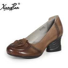 Xiangban Genuine leather shoes women handmade original retro cowhide leather high heel pumps comfortable
