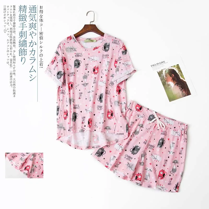 

Japanese short pyjamas simple women 100% cotton short sleeves ladies pajama sets shorts Cute cartoon sleepwear homewear