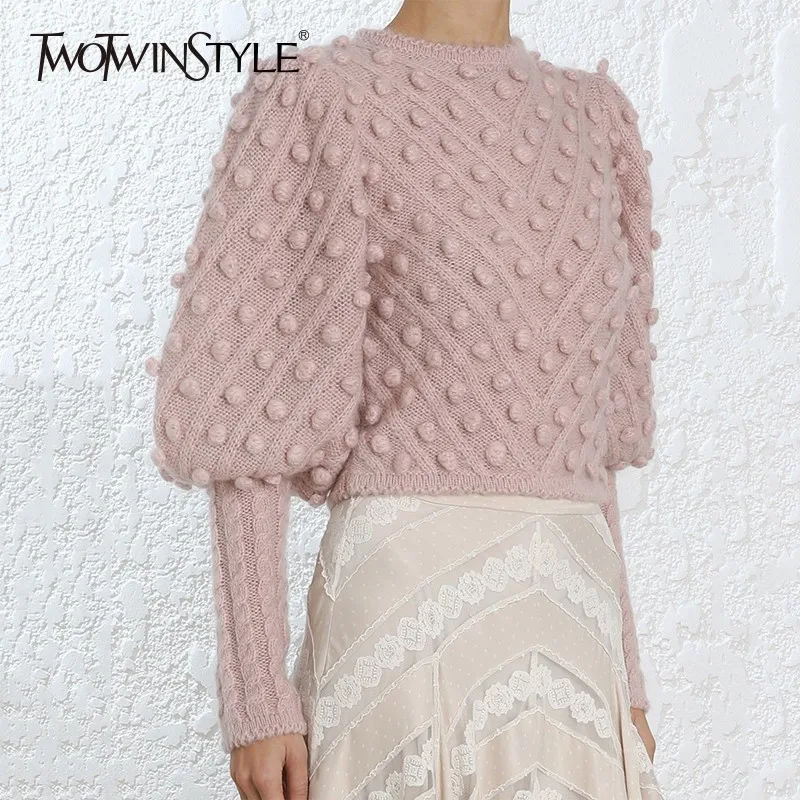TWOTWINSTYLE Lantern Sleeve Women's Sweater Short Tops High Waist Ball Knitting Pullover For Female Vintage Fashion Clothes 2018 TWOTWINSTYLE Lantern Sleeve Women's Sweater Short Tops High Waist Ball Knitting Pullover For Female Vintage Fashion Clothes 2018