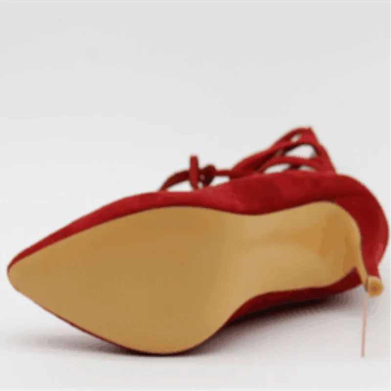 SHOFOO shoes, a beautiful sexy post free red cashmere leather, cross straps, tip, 11 cm high-heeled shoes. SIZE:34-45