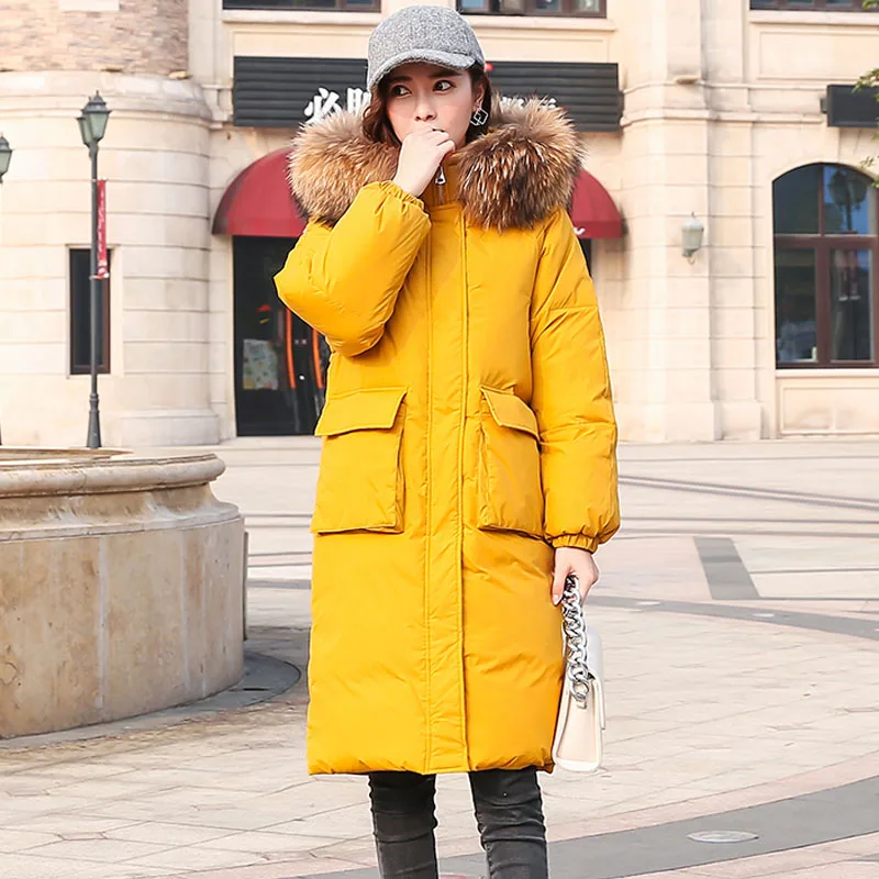 Fourrure Pardessus Veste Beige noir Femme Femmes Raton À Manteau D'hiver Réel Grand Collier Capuchon Longue Lâche Parka Laveur De orange 90Blanc 2018 Canard Duvet b76gyIfvY