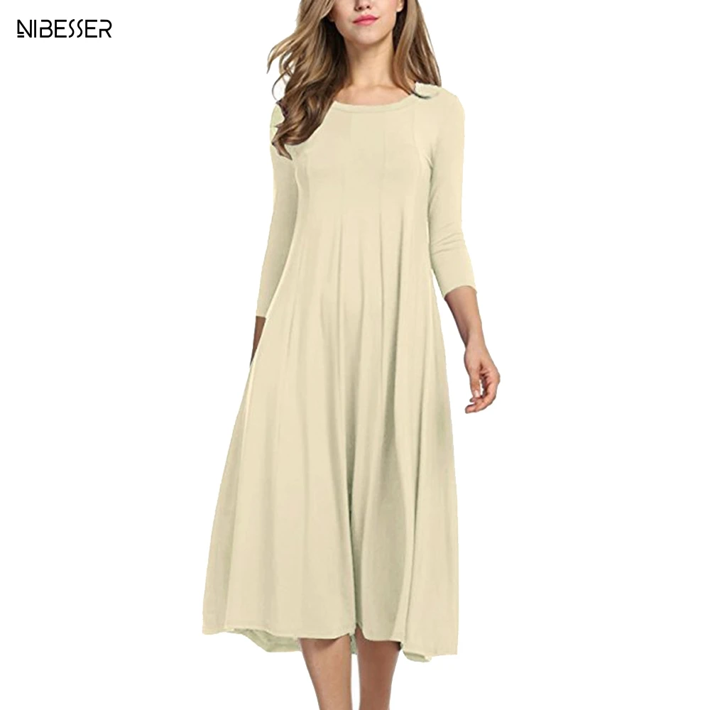 

NIBESSER 2019 Summer Women Solid O-Neck Long Sleeve Ladies Loose Casual Party Large Size Dress Round Neck Midi Dress 3/4 Sleeve