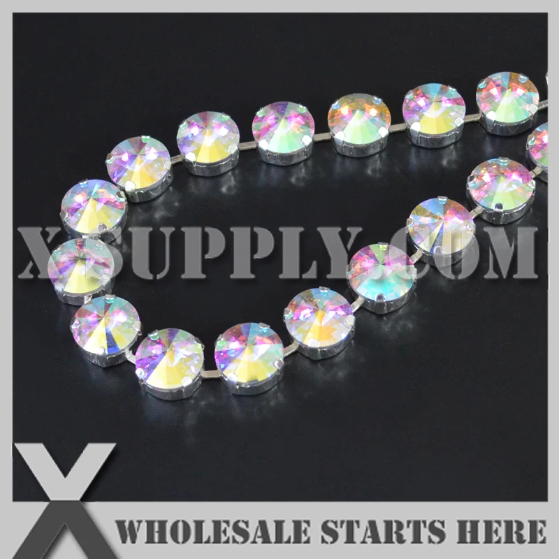 

12mm Round Rivoli Rhinestone Cup Chain for Bracelets,Jewelry Decoration,Crystal AB Color in Silver Chain(Center Bar Connectors)
