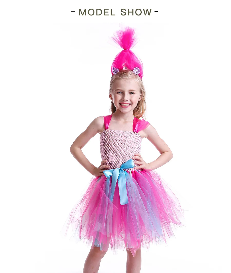 Princess Trolls Poppy Children Tutu Dress with Headband Poppy Birthday Tutu Costume Baby Girl Halloween Cartoon Tulle Dress (4)