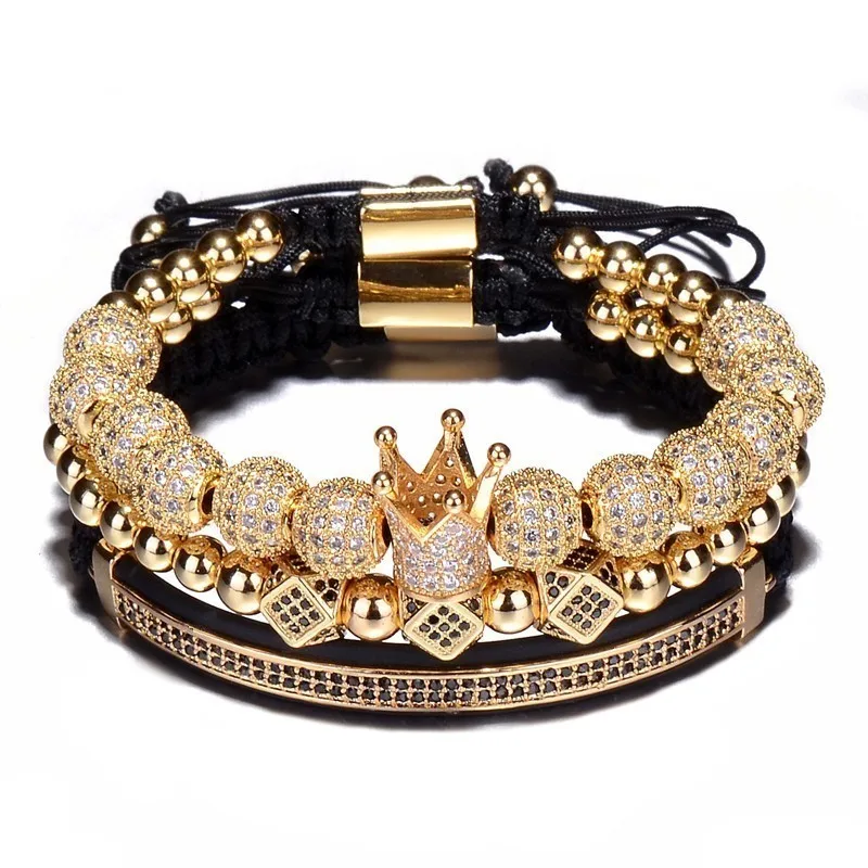 

3pcs/Set Hip Hop Gold Crown Bracelets 8MM Cubic Micro Pave CZ Ball Charm Braided Braiding Man Luxury Jewelry Pulseira Bileklik