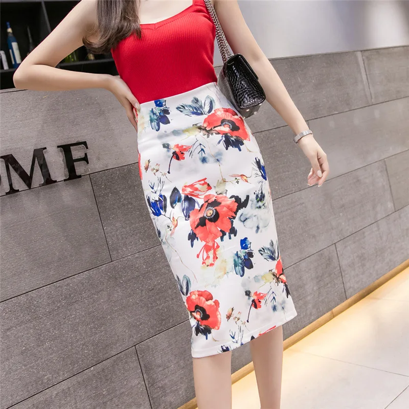 

QINGWEI Women Skirt new arrival Print Multicolor Straight Skirt Casual Skirts Knee-Length Plus Size Faldas Mujer Moda Jupe Femme