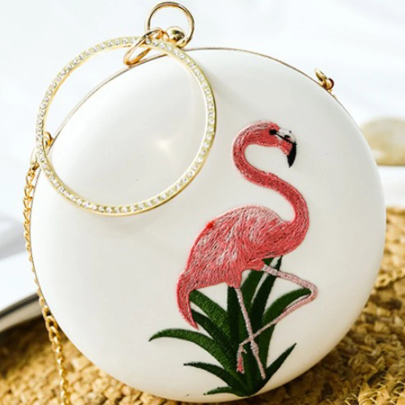 

flamingo bag leather women circle white Bag women 2019 Clutch chain Bag Diamond handle Circle Evening round Bags