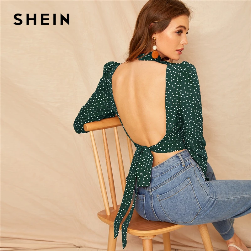  SHEIN Sexy Bow Knot Open Back Polka Dot Print Crop Blouse Women Spring High Neck Backless Short Blo
