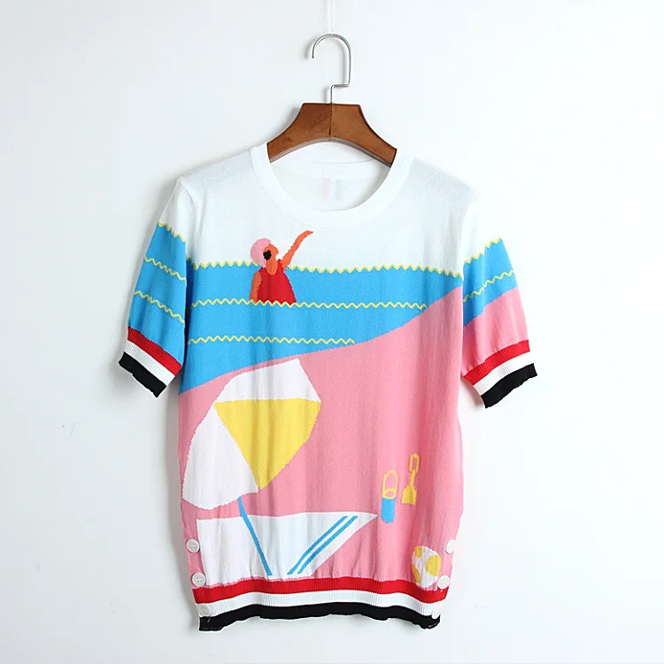

New 2019 Runway Jacquard Beach Swimming Thin t shirt Harajuku Women Knitted Camiseta Tee Shirt Femme Casual Short Sleeves Top