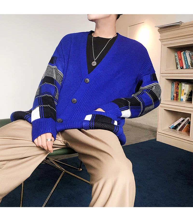 Korean Oversized Sweater Cardigan Men Plaid  (26)