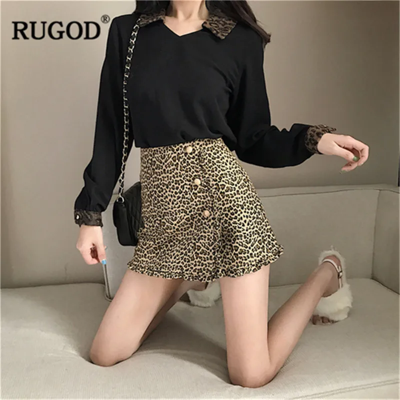 RUGOD 2019 Summer short skirt leopard print plated button a line high waist fashion korean style party sexy modis sukienki | Женская