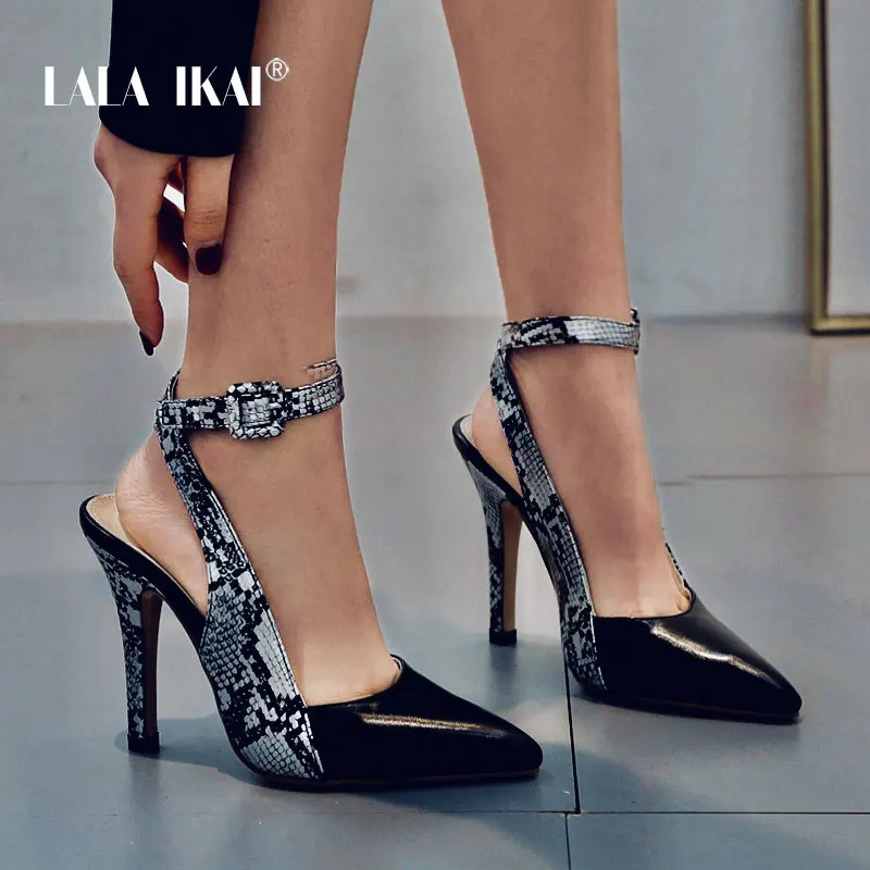 

LALA IKAI Women Sandals Thin Heel Buckle Strap Summer Sexy Leopard Pointed Toe Party Shoes 12cm High Heels Sandalia 014C3419-4