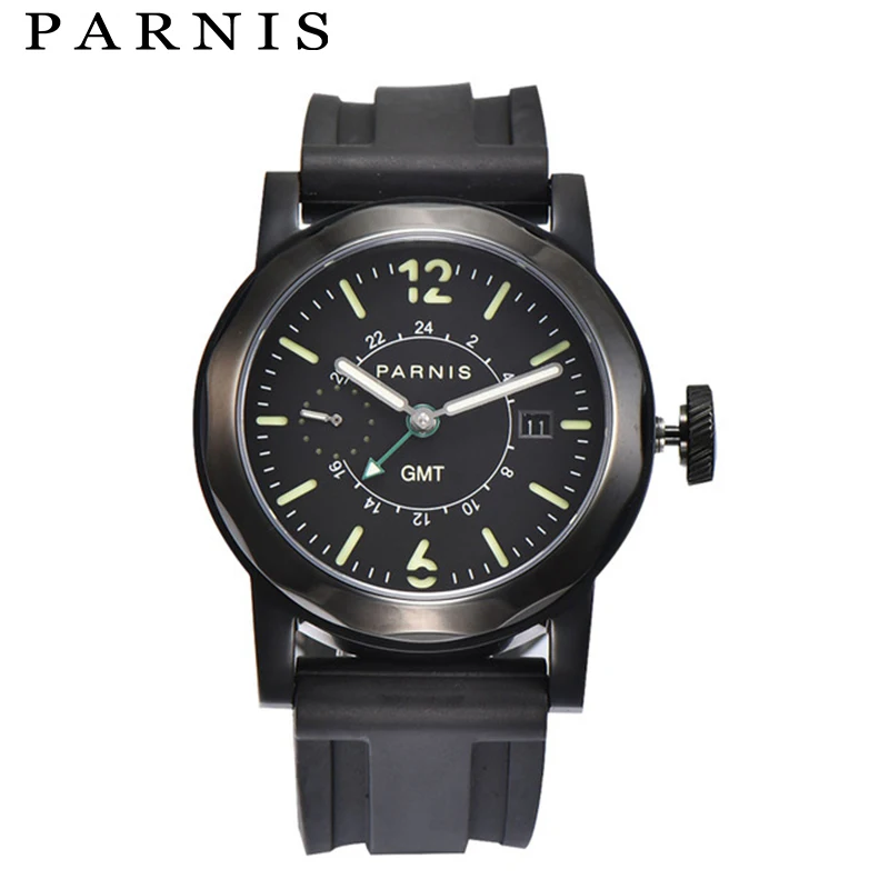 43mm Men Mechanical Watch Parnis Mens Automatic Watches GMT Sea-gull 2557 Black Rubber Strap 100M Waterproof Luminous Watch 43mm Men Mechanical Watch Parnis Mens Automatic Watches GMT Sea-gull 2557 Black Rubber Strap 100M Waterproof Luminous Watch