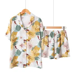 Одежда для сна с цветочным принтом; летняя Хлопковая пижама с короткими рукавами для женщин; Пижама с отложным воротником; женские шорты;
