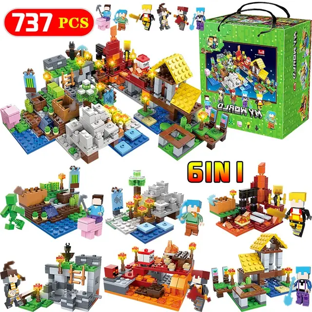 Cheap 737pcs 6 In 1 My World Village Building Blocks Compatible LegoINGLY Minecraft  Defend Homes Zombie Figures DIY Enlighten Kid Toy