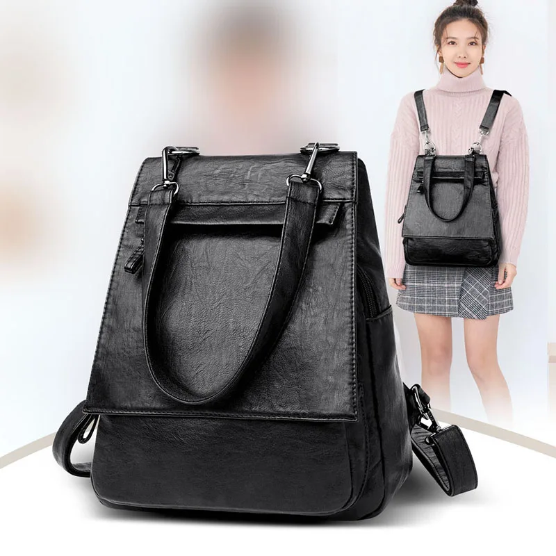 

New Leather Backpack Women Fashion Backpacks For Teenage Girls Multifunction Large Black Bag Female Back Pack Sac A Dos
