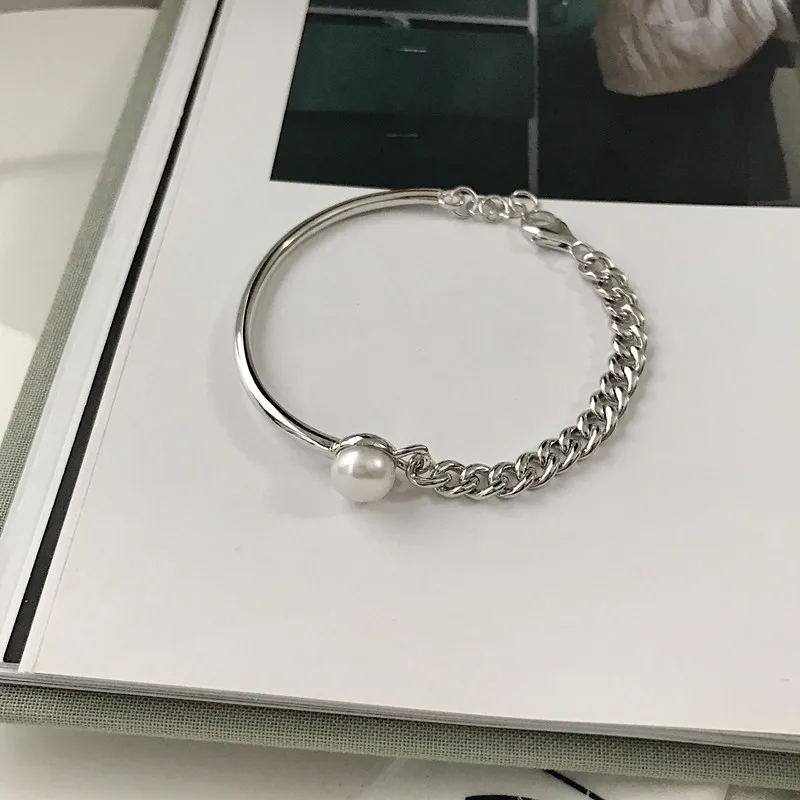 LouLeur, серебро 925 пробы, цепочка, асимметричные серебряные браслеты-обручи, модные, дикие жемчужные браслеты для женщин, вечерние ювелирные изделия, подарок