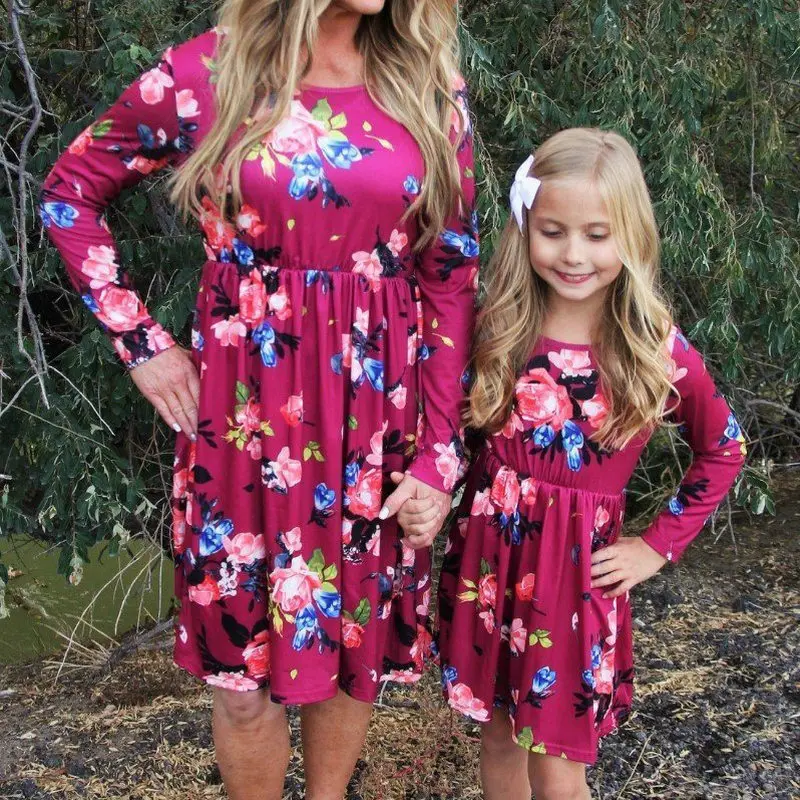 

Long Sleeve Mom and Daughter Dress Floral Autumn 2019 Family Look Mother Daughter Long Dresses Women Baby Girls Matching Dress