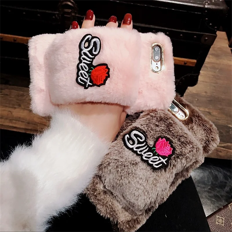 

Warm Bunny Fluff Glove Cover For iPhone 6 6s 7 8 Plus Lovely Rose Rabbit Plush Case For iPhone X 10 XR XS Max Stands Phone Case
