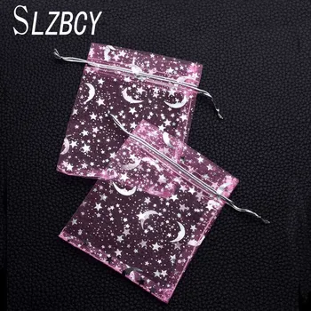 

SLZBCY 12*9 cm Moon Star Drawable Organza Bags Jewelry Packaging Pouches Christmas Wedding Gift Bags Wholesale 50pcs/lot