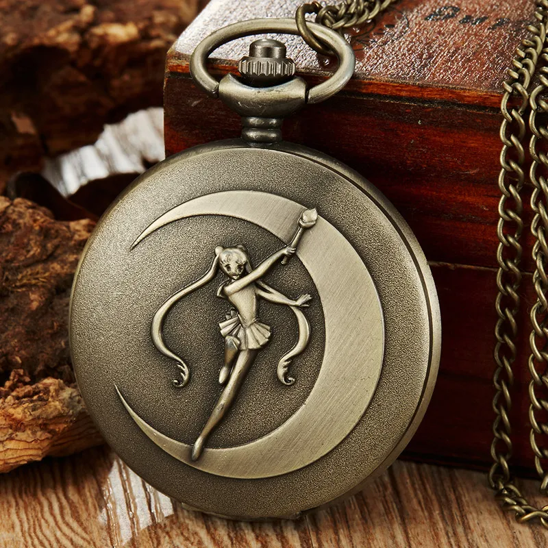 

Unique Casual Animation Janpanese Cosplay Sailor moon Pocket Watch with Chain Necklace Pendant Womens Mens Bronze Pocket Watches