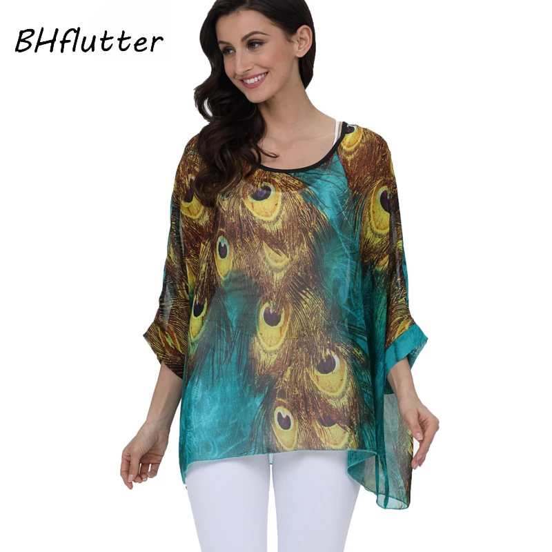 

BHflutter Women Blouses 2018 New Fashion O neck Batwing Summer Blouse Boho Style Beach Chiffon Shirts Tops Plus Size 4XL 5XL 6XL