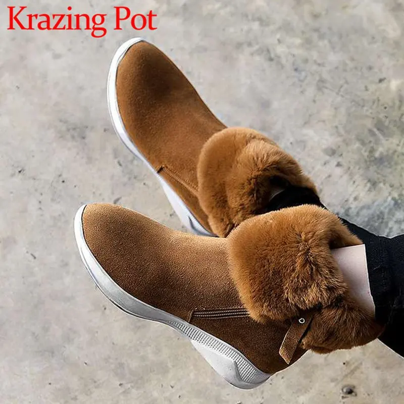 

Hollywood movie stars rabbit fur zipper round toe med bottom natural leather plush winter comfortable warmful snow boots L63