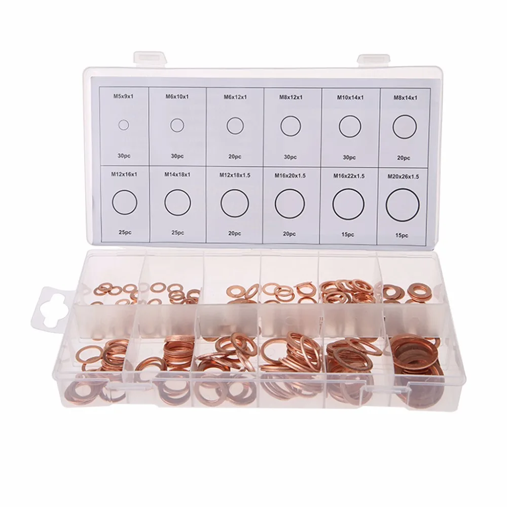 

280 Pcs M5-M20 Copper Washers Solid Machine Flat Sealing Ring Kit 12 Sizes Copper Washers Set