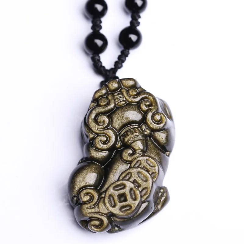 

Wholesale pixiu Obsidian PiXiu Pendant Necklace Amulet Gold Brave Troops Men Woman Jewelry Pendant With Beaded lucky Chain