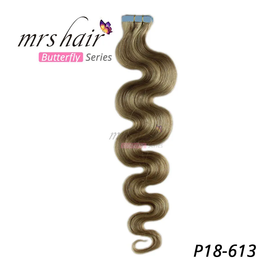 MRS HAIR, 18 дюймов, объемные волнистые человеческие волосы для наращивания, 20 шт., бесшовные волосы, не Реми, волосы, кожа, уток, 613, крепкие американские ленты - Цвет: P18/613 #