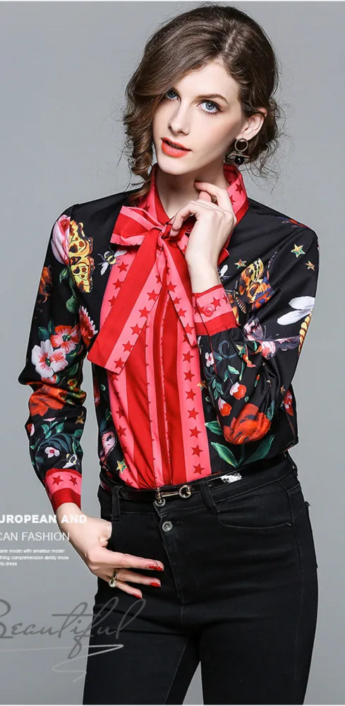 

Women Summer Autumn Floral Stars Snake Tops Blouses Long Sleeve Bow Lace Up Shirts Blusas Mujer De Moda 2018 Camisa Feminina