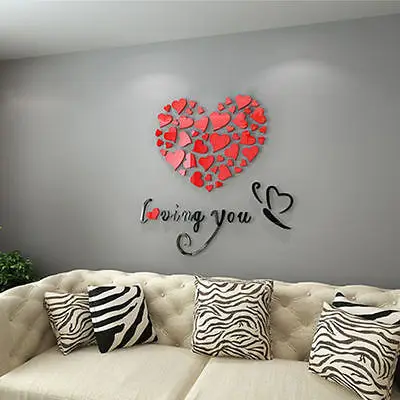 

1 Set 3D Loving Heart Wall Stickers Modern DIY 3D Mirror Love Decor Quote Flower Wall Stickers Decal Bedroom Home Art Decor