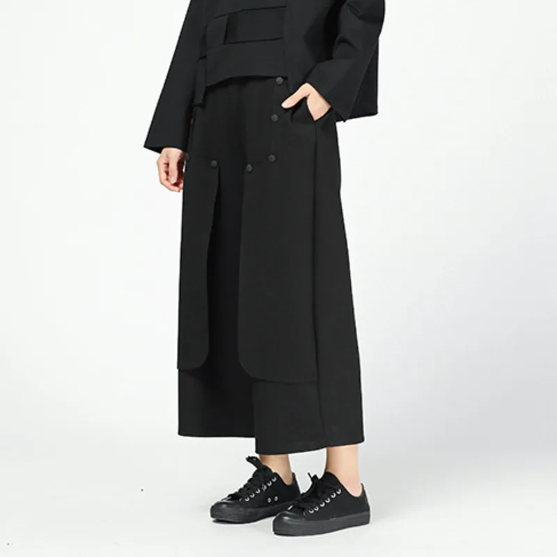 

LANMREM 2019 Women Fashion Autumn Spring Elastic Waist Symmetric Buttons Irregular Straight Pants Female Loose Trousers TA803