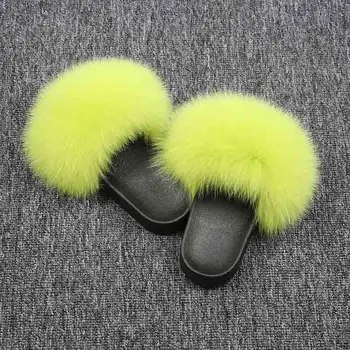 

New Real Fox Fur New Slippers Women Fur Home Fluffy Sliders Plush Furry Summer Flats Cut Ladies Shoes Large Hot Selling