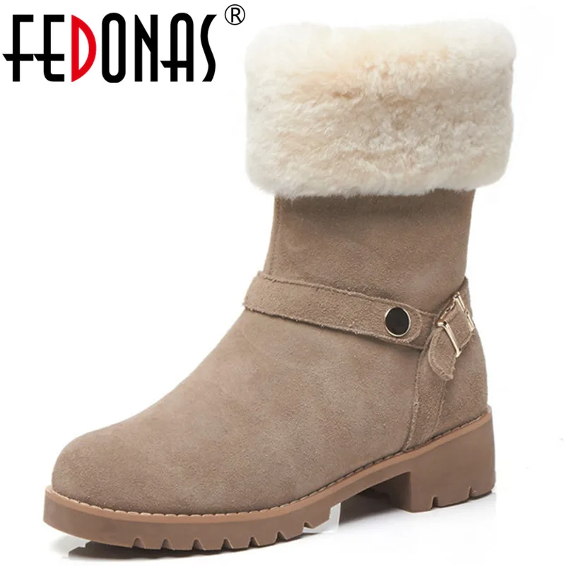 

FEDONAS 2019 New Women High Heels Short Martin Shoes Woman Buckles Cow Suede Ankle Boots Warm Round Toe Casual Shoes Woman