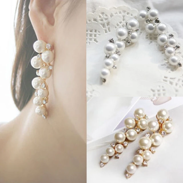 New Fashion Bride Earring Pearl Crystal Jewelry Imitation Gold New Fashion Bride Earring Pearl Crystal Jewelry Imitation Gold Silver Stud Long Earrings