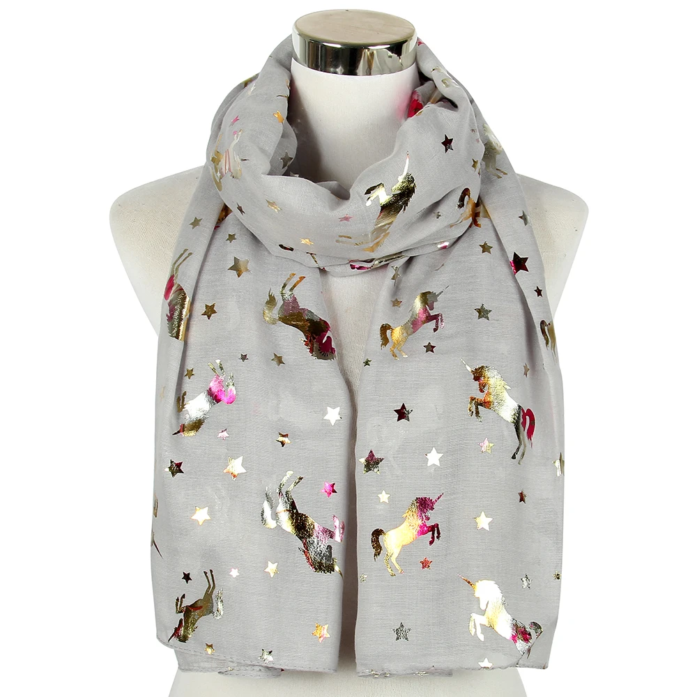 Winfox Luxury Grey Navy Bronzing Foil Silver Horse Unicorn Chiffon Women Scarves Shawl Polyester Female Ladies Long Scarf Wraps|Women