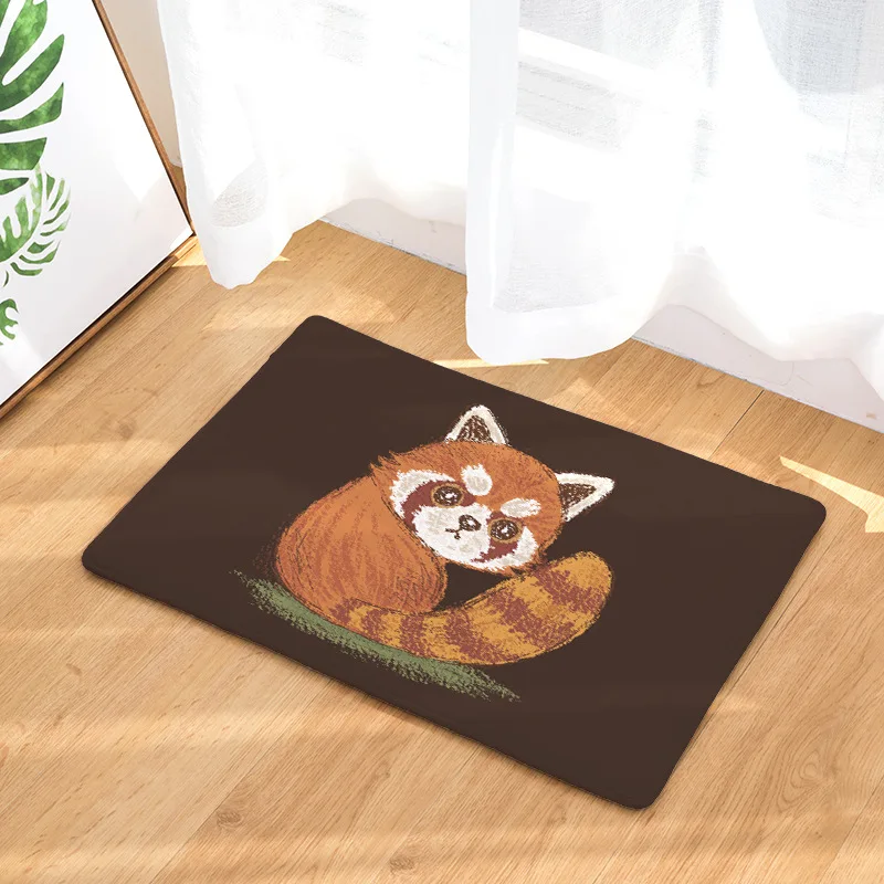 Raccoon Panda Brown Hand Painted Cartoon Lovely Animal Bamboo Entrance Door Mat Farmhouse Rug Lovers Gifts 40X60 CM Coral Fleece