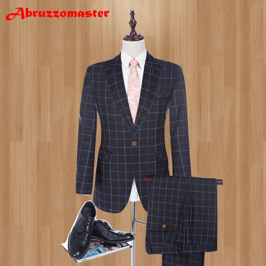 

High Quality 2 Pieces Serge Brand Men Suits Men Plaid Suits for Wedding Groom Fashion Peaked Lapel Slim Fit Black Business Suit
