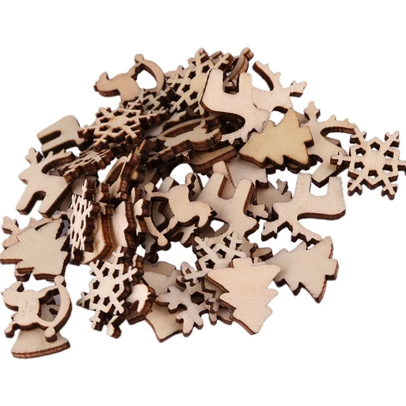 

100PCS Wooden Christmas Pendant Tree Snowman Snowflake Reindeer Unfinished Slices Hanging Ornament DIY Arts Crafts Decoration