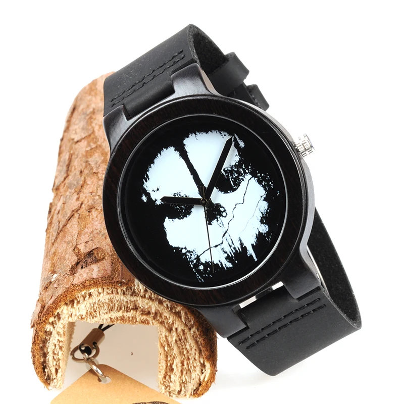 BOBO BIRD WD24 Ebony Wooden Watch for Men Cool Skull Printing Dial Face Quartz Watches accept OEM Drop Shipping