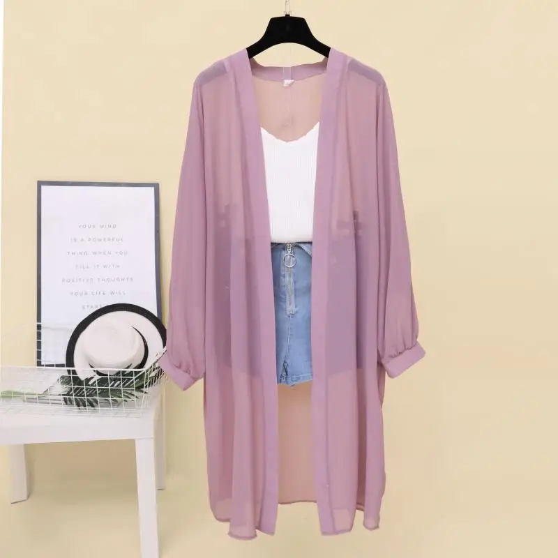  Women Summer Kimono Cardigan Long Sleeve Sun Protection Blouse Shirt Long Chiffon Sunscreen Solid S