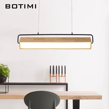 

BOTIMI Modern Adjustable LED Pendant Lights With Wood Frame For Dining Room Wooden Rectangle Hanglamp Modern Suspension Light